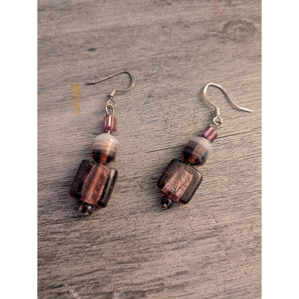 Handmade Purple Foil Glass Beaded Drop Earrings Silver Tone Fishhook Boho Dangle